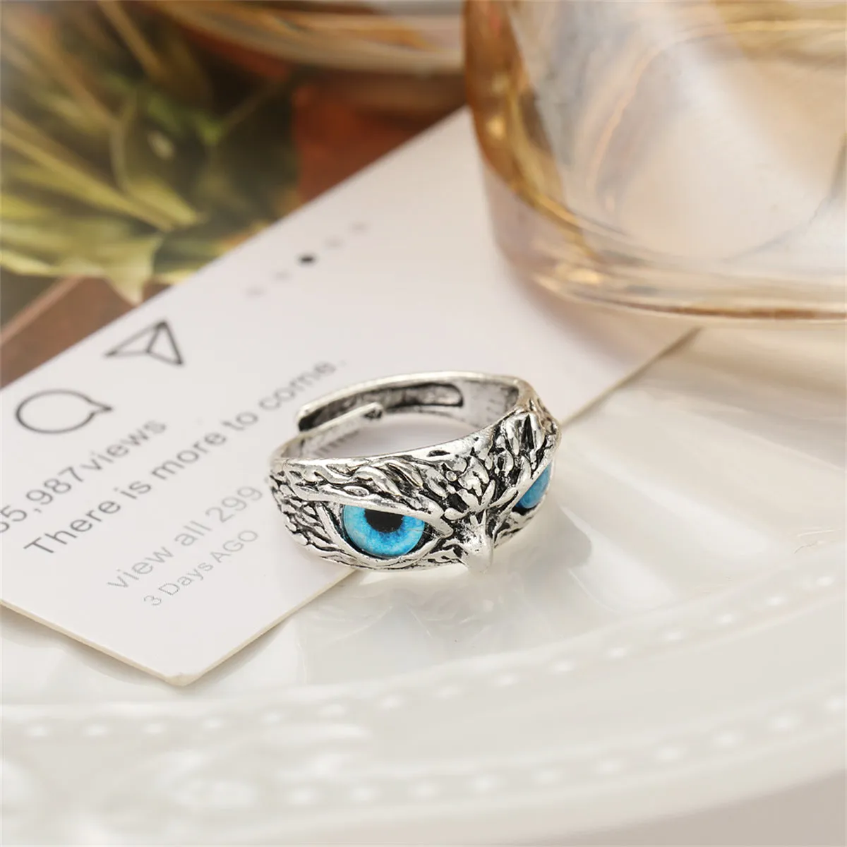 Blue Enamel & Silver-Plated Engraved Owl Adjustable Ring