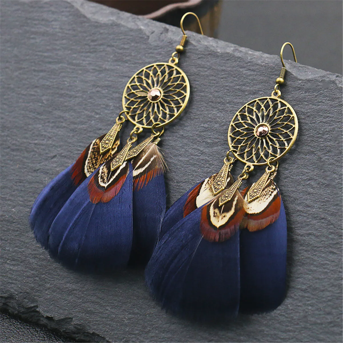 Blue Feather & 18K Gold-Plated Cubic Zirconia-Accent Flower Drop Earrings