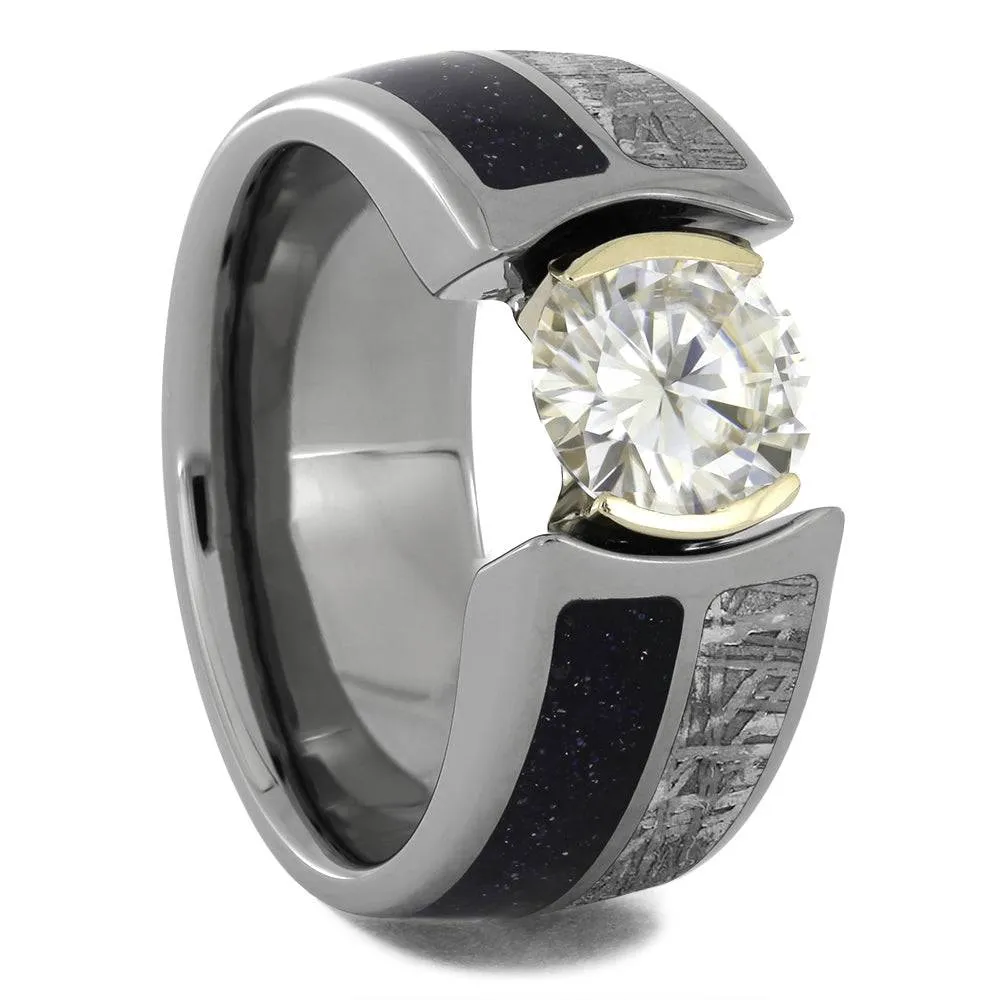 Blue Goldstone & Meteorite Ring With Faux Tension Set Stone