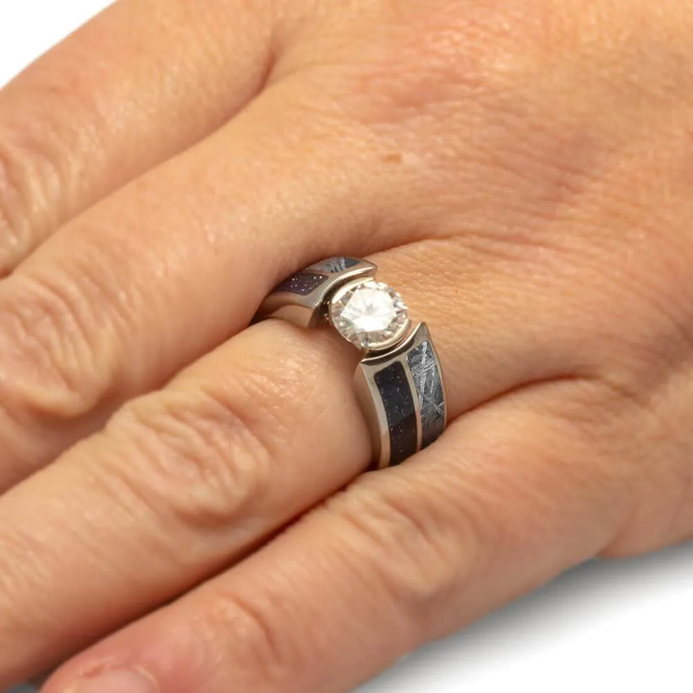 Blue Goldstone & Meteorite Ring With Faux Tension Set Stone