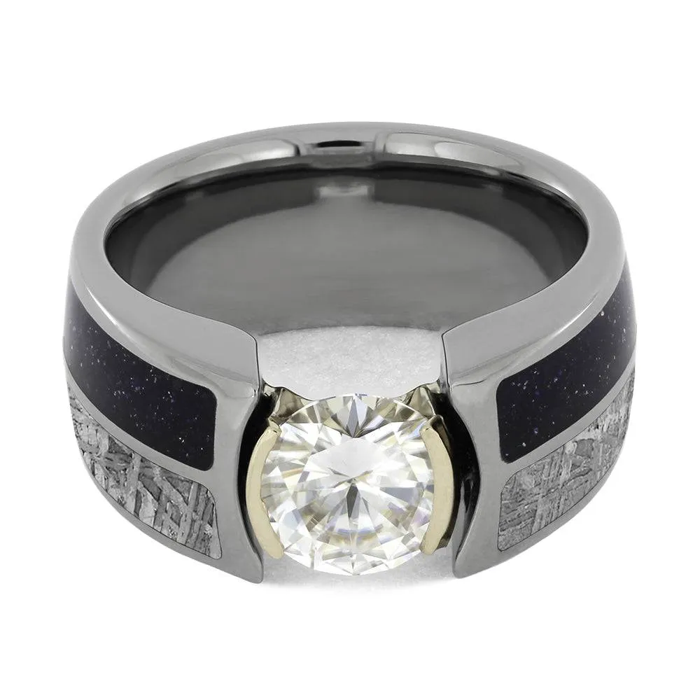 Blue Goldstone & Meteorite Ring With Faux Tension Set Stone