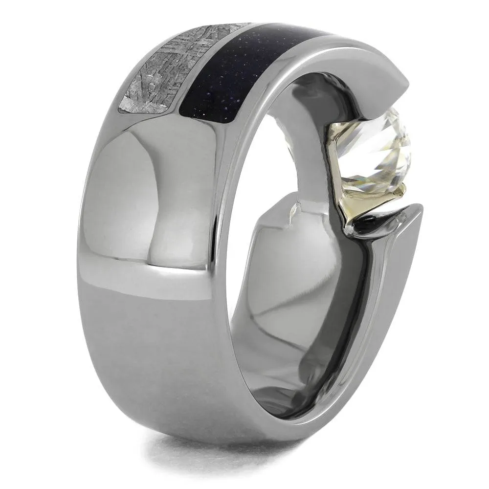 Blue Goldstone & Meteorite Ring With Faux Tension Set Stone
