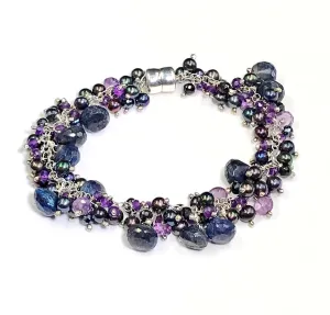Blue Labradorite Amethyst and Pearl Gemstone Cluster Bracelet Sterling Silver