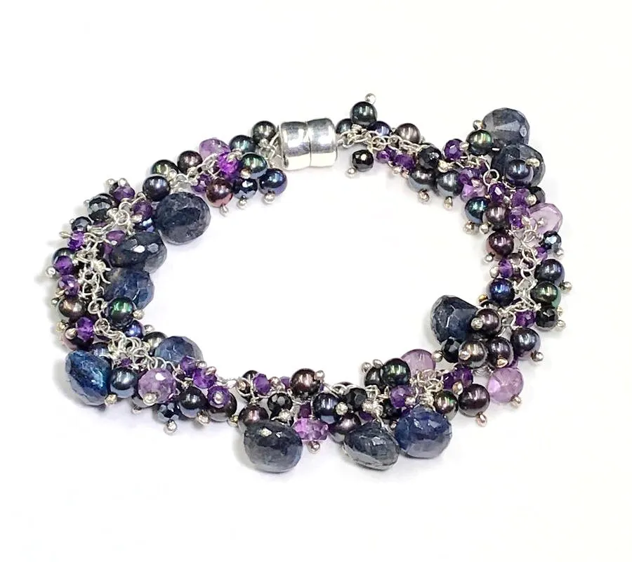Blue Labradorite Amethyst and Pearl Gemstone Cluster Bracelet Sterling Silver