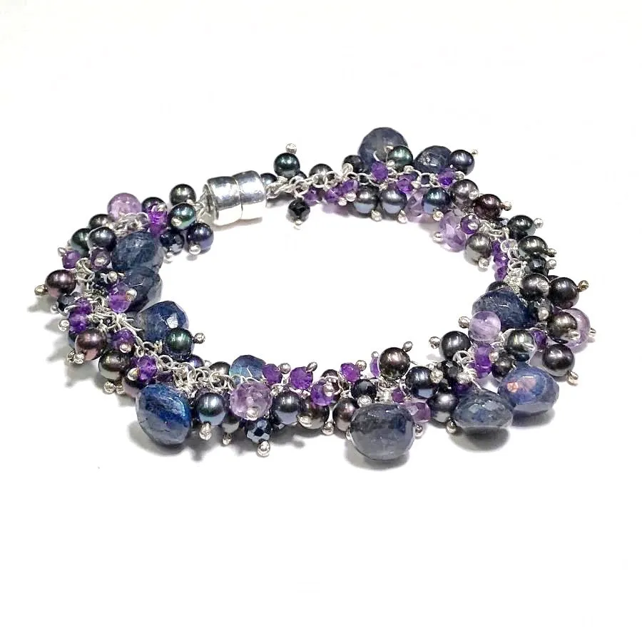 Blue Labradorite Amethyst and Pearl Gemstone Cluster Bracelet Sterling Silver