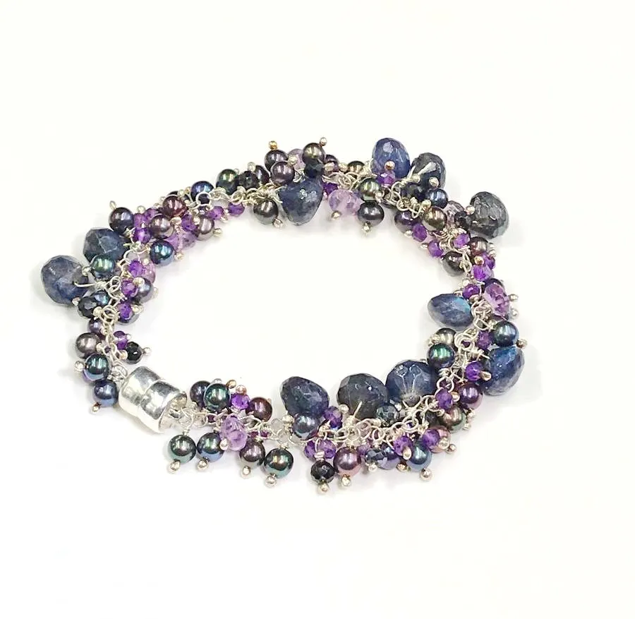 Blue Labradorite Amethyst and Pearl Gemstone Cluster Bracelet Sterling Silver