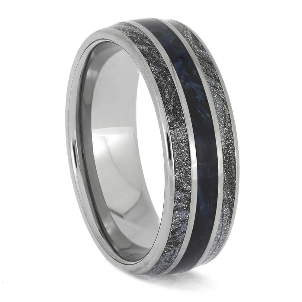 Blue Mokume and Wood Ring in Titanium