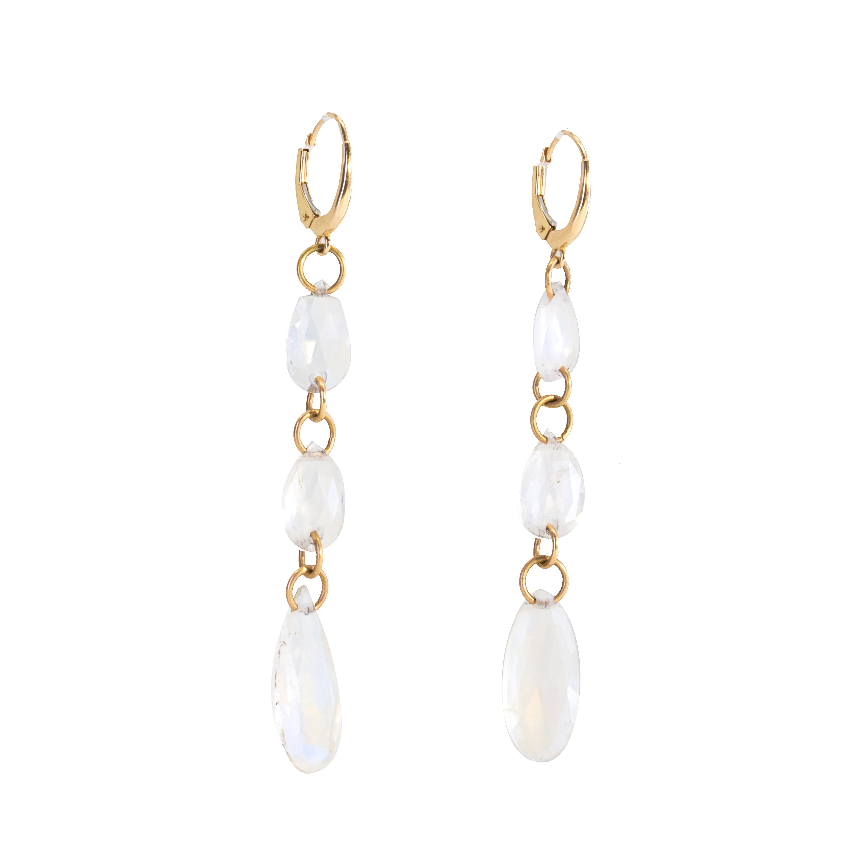 Blue Moonstone 18.28 Carat Tiered Teardrop 14K Handcrafted Earrings