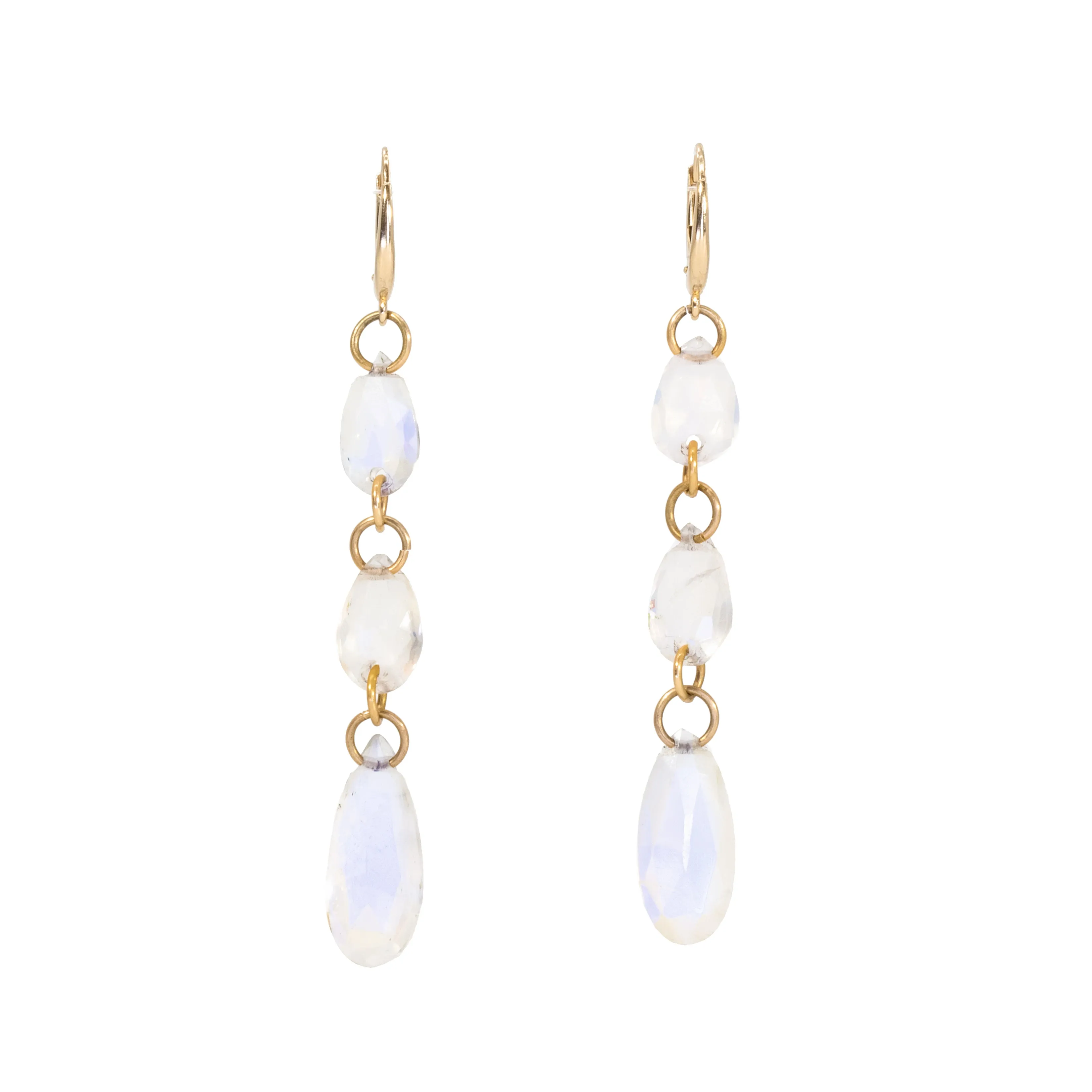 Blue Moonstone 18.28 Carat Tiered Teardrop 14K Handcrafted Earrings