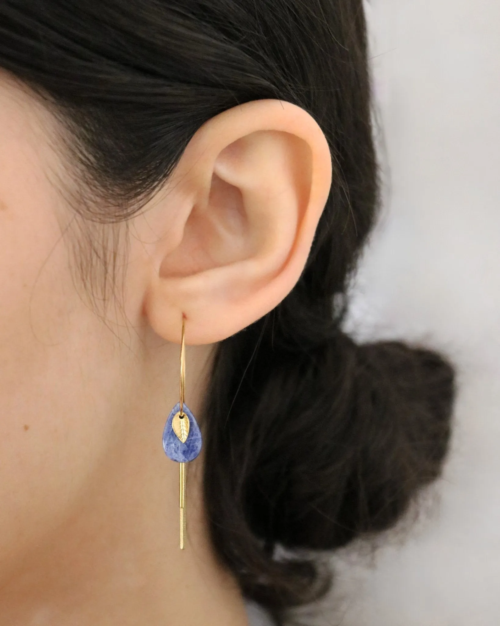 Blue Sodalite Medium Hoop Feather Gold Earrings by Sage Machado