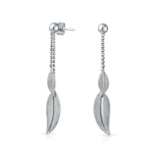 Boho Native American Style Dangle Earrings with Feather Leaf Sterling Silver