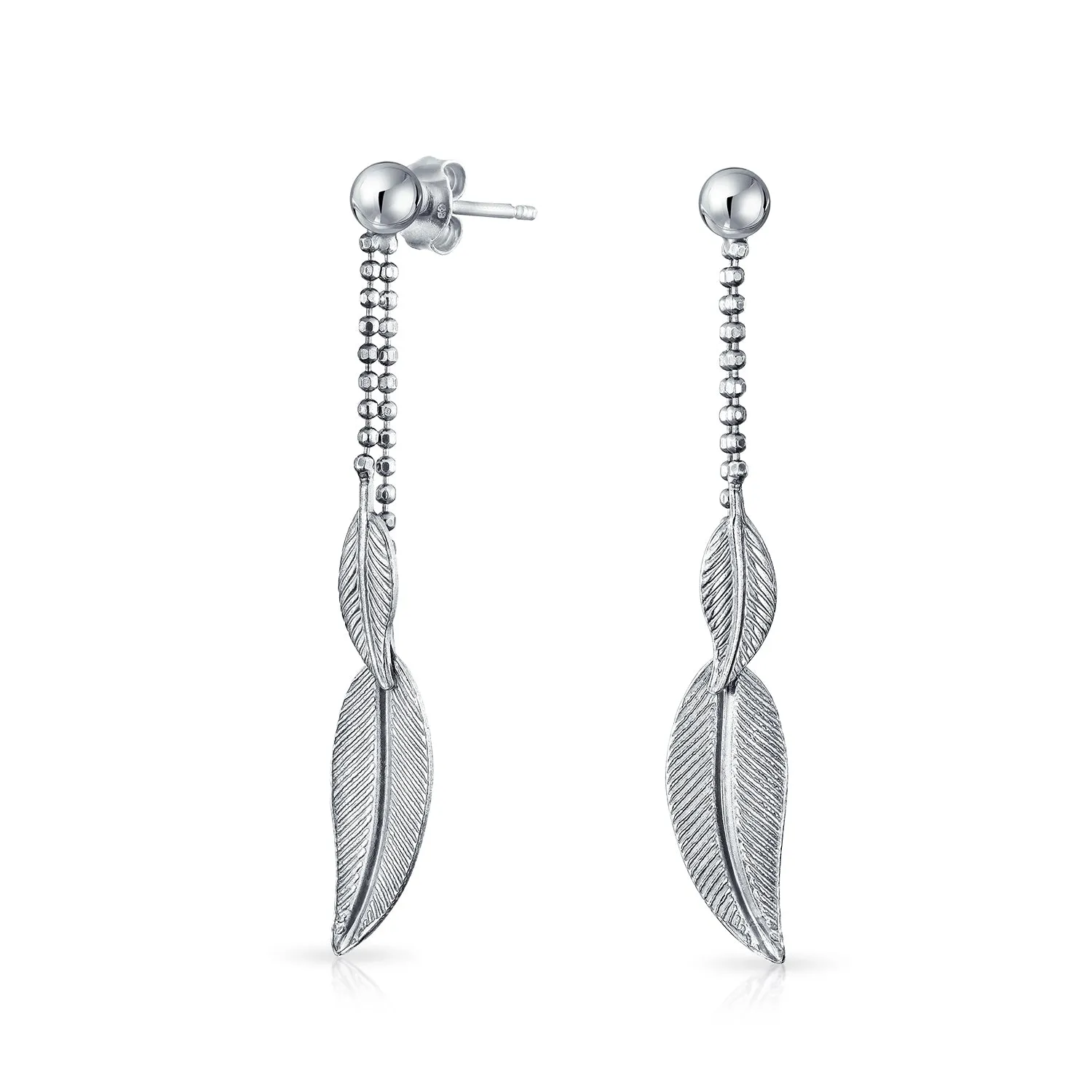 Boho Native American Style Dangle Earrings with Feather Leaf Sterling Silver