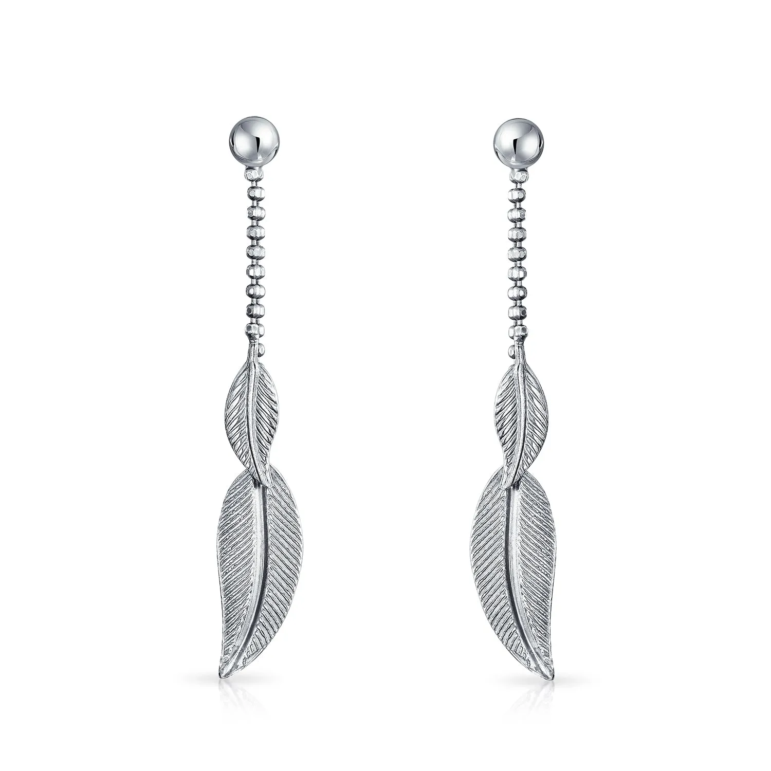 Boho Native American Style Dangle Earrings with Feather Leaf Sterling Silver