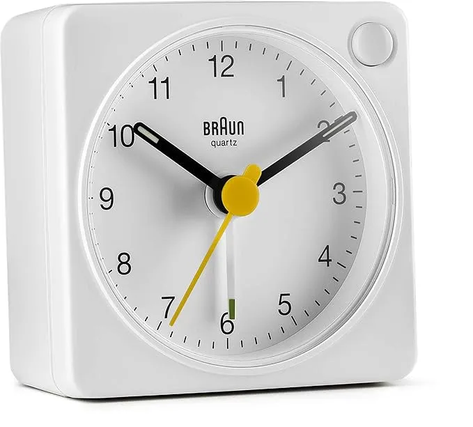 Braun Classic travel Alarm Clock with Snooze and Light, Crescendo Beep Alarm in White - BC02XW