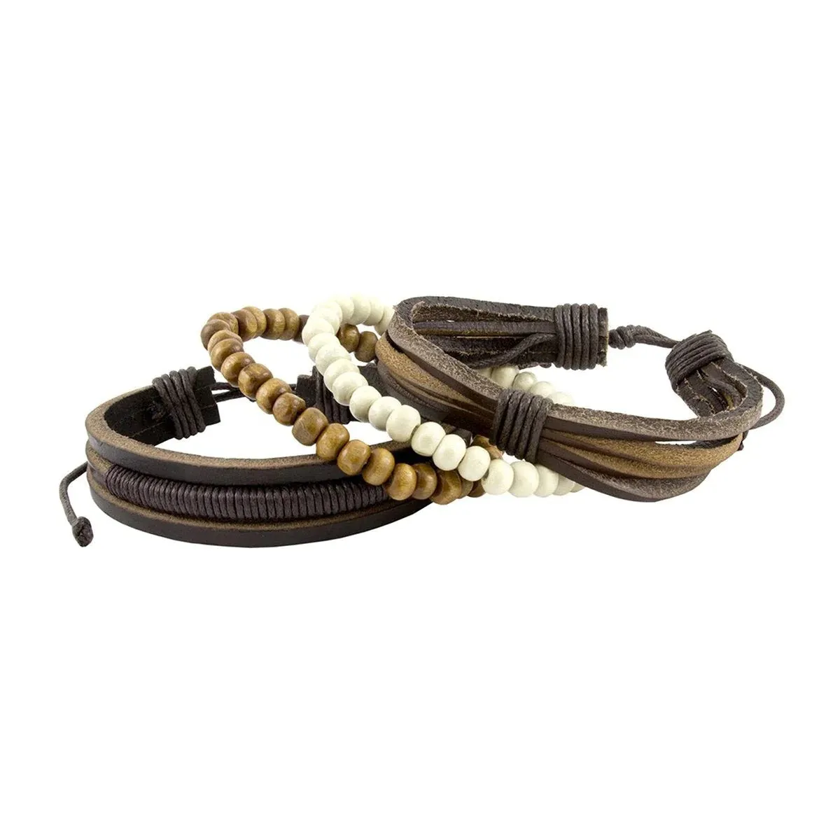 Brown Bead Multi-Strand Leather Wrist Band Strap Bracelet for Bikers