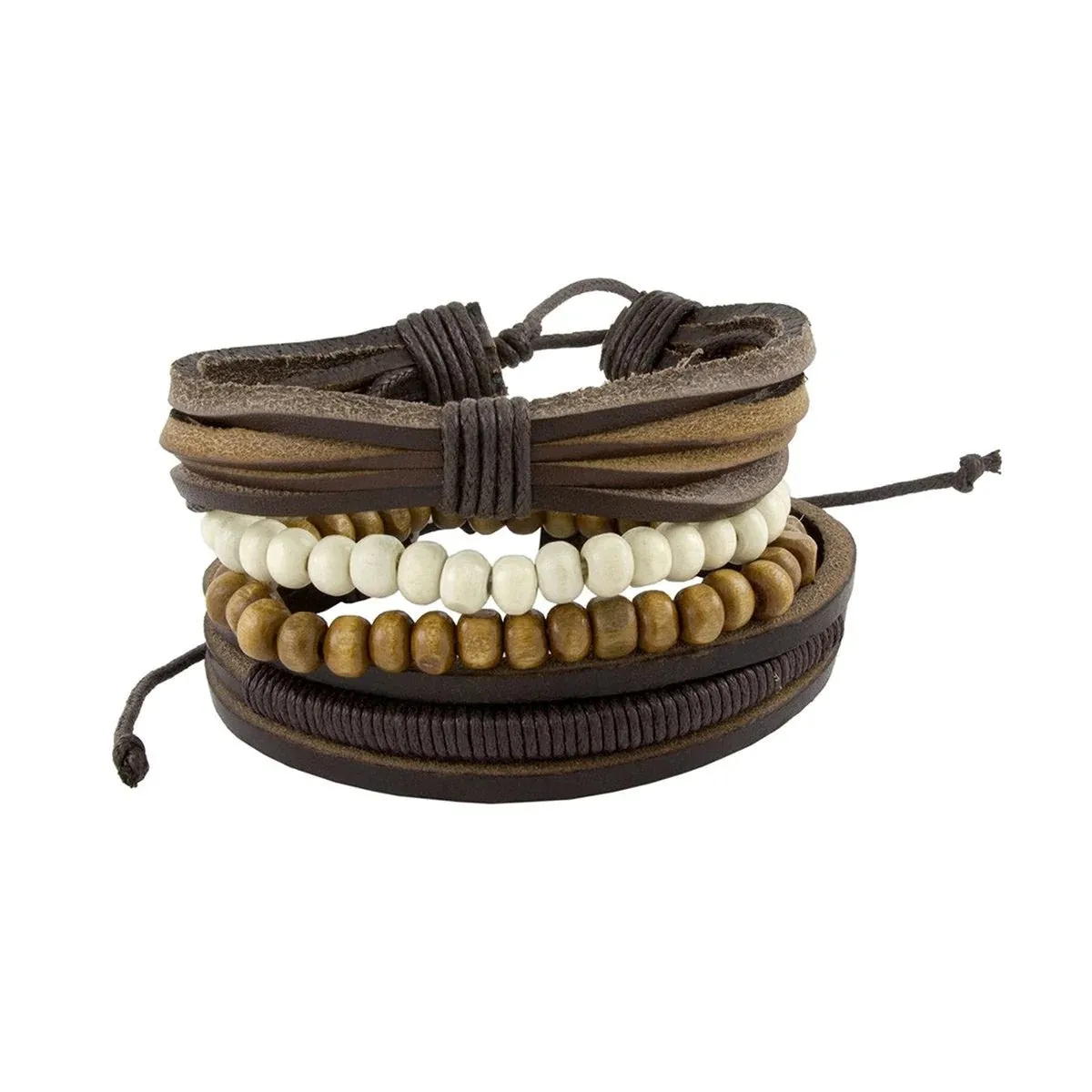 Brown Bead Multi-Strand Leather Wrist Band Strap Bracelet for Bikers