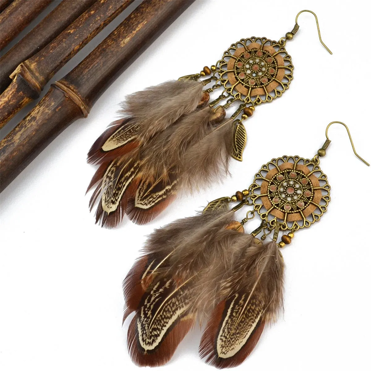 Brown Feather & 18K Gold-Plated Drop Earring