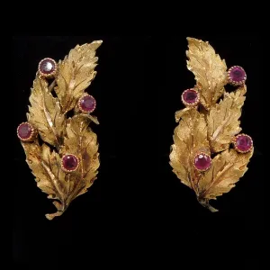 Buccellati 18K Yellow Gold and Ruby Leaf/Feather Earrings