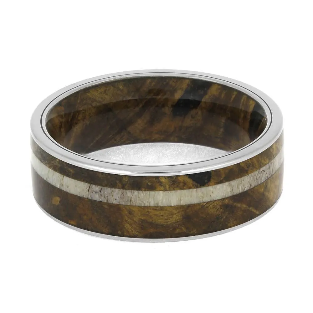 Buckeye Burl Wood & Antler Wedding Band with Wood Sleeve