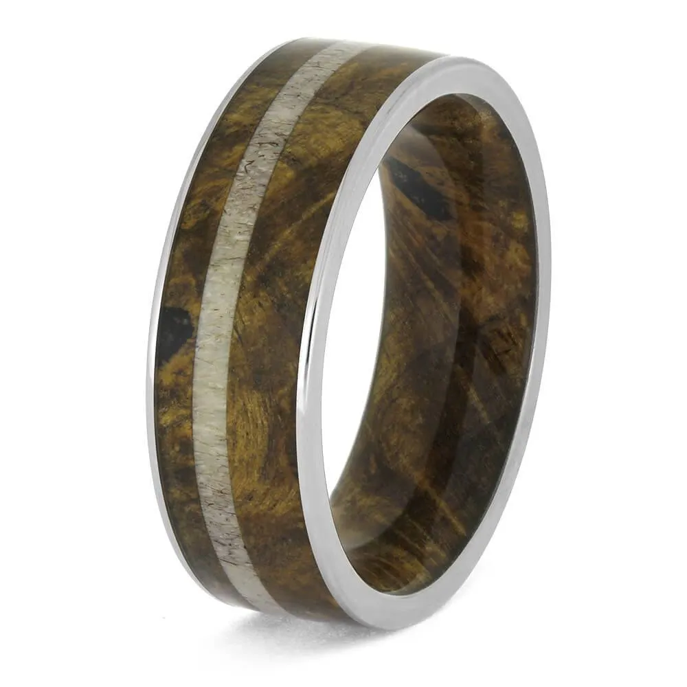 Buckeye Burl Wood & Antler Wedding Band with Wood Sleeve