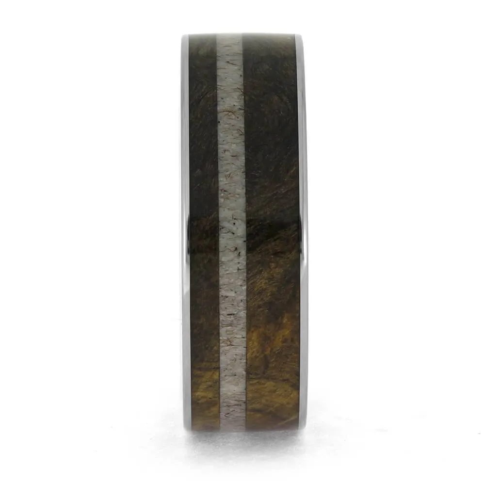 Buckeye Burl Wood & Antler Wedding Band with Wood Sleeve