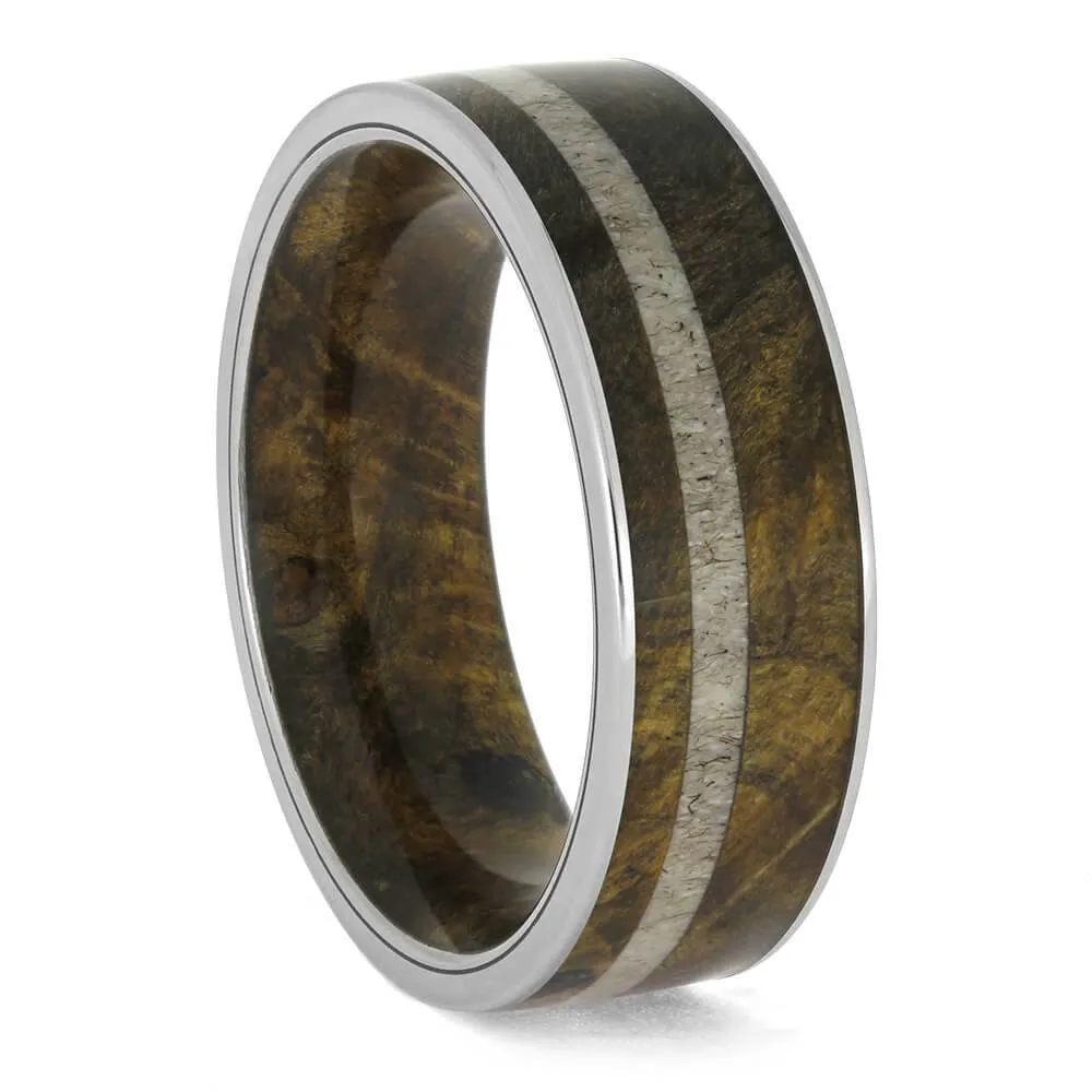 Buckeye Burl Wood & Antler Wedding Band with Wood Sleeve