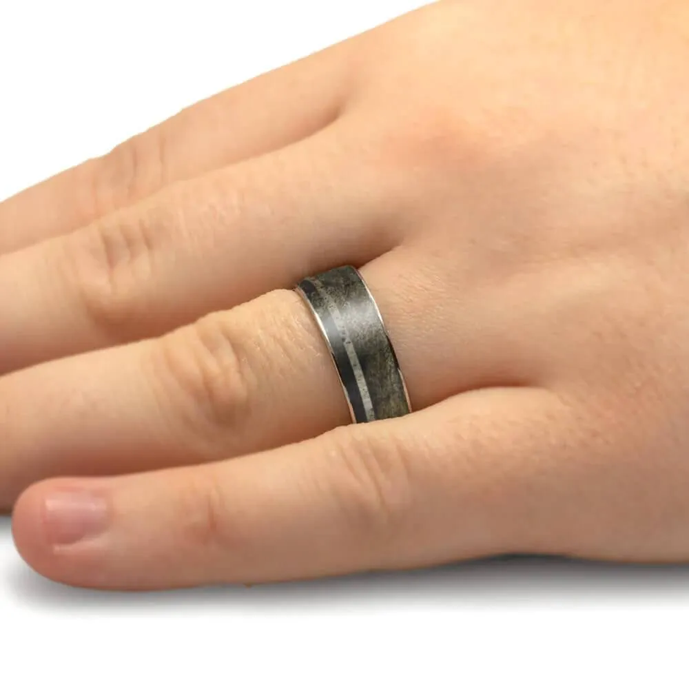 Buckeye Burl Wood & Antler Wedding Band with Wood Sleeve