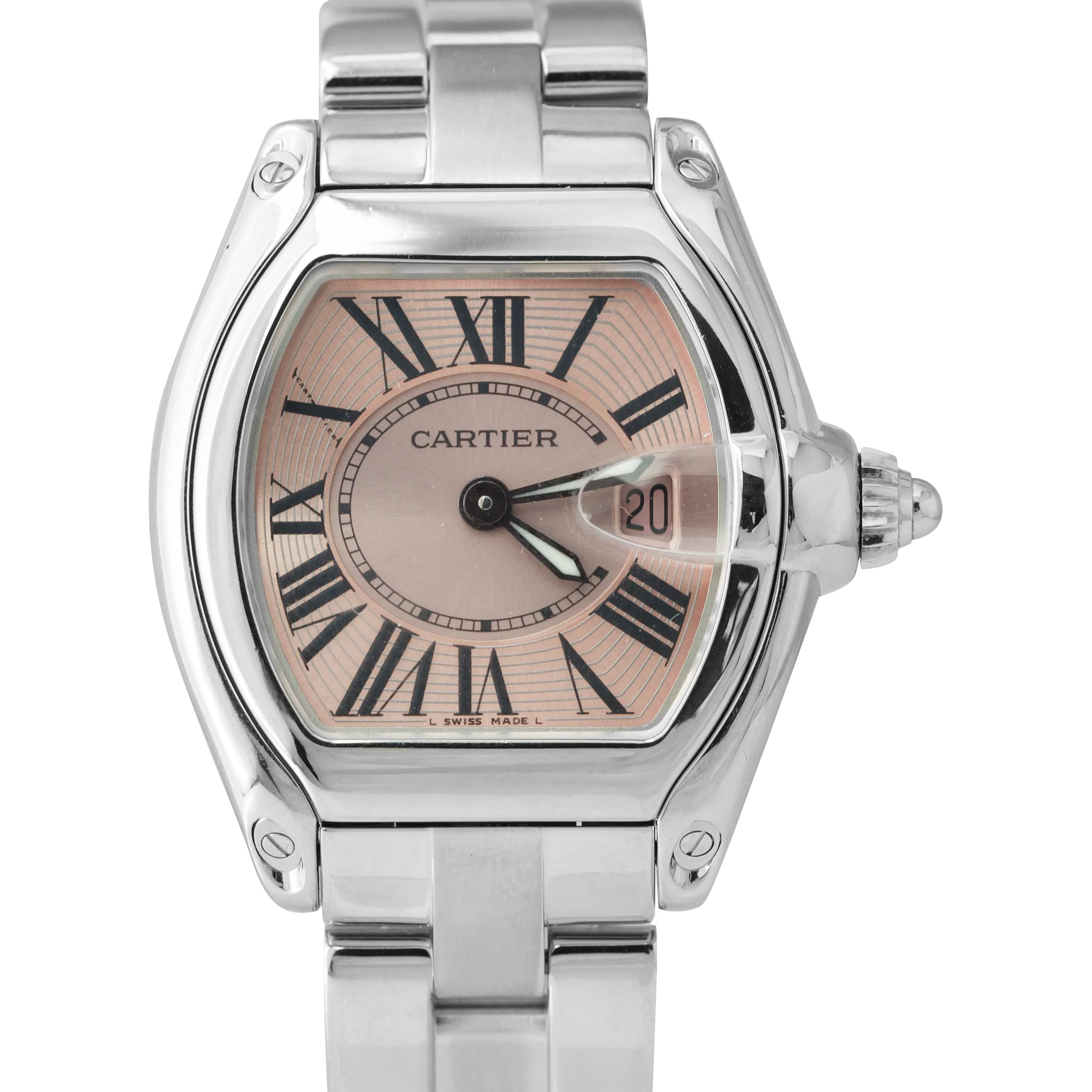 Cartier Roadster Stainless Steel Pink Roman Date 31mm Quartz Watch 2675 W62017V3