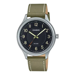 Casio Olive Green Leather Strap Black Dial Quartz Watch for Gents - MTP-B160L-1B2VDF