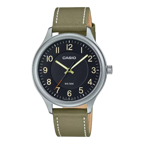 Casio Olive Green Leather Strap Black Dial Quartz Watch for Gents - MTP-B160L-1B2VDF