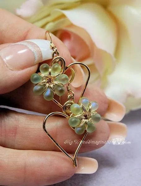 Charming Hearts Earrings in 14k GF, Pale Green AB Flowers Handmade Earrings