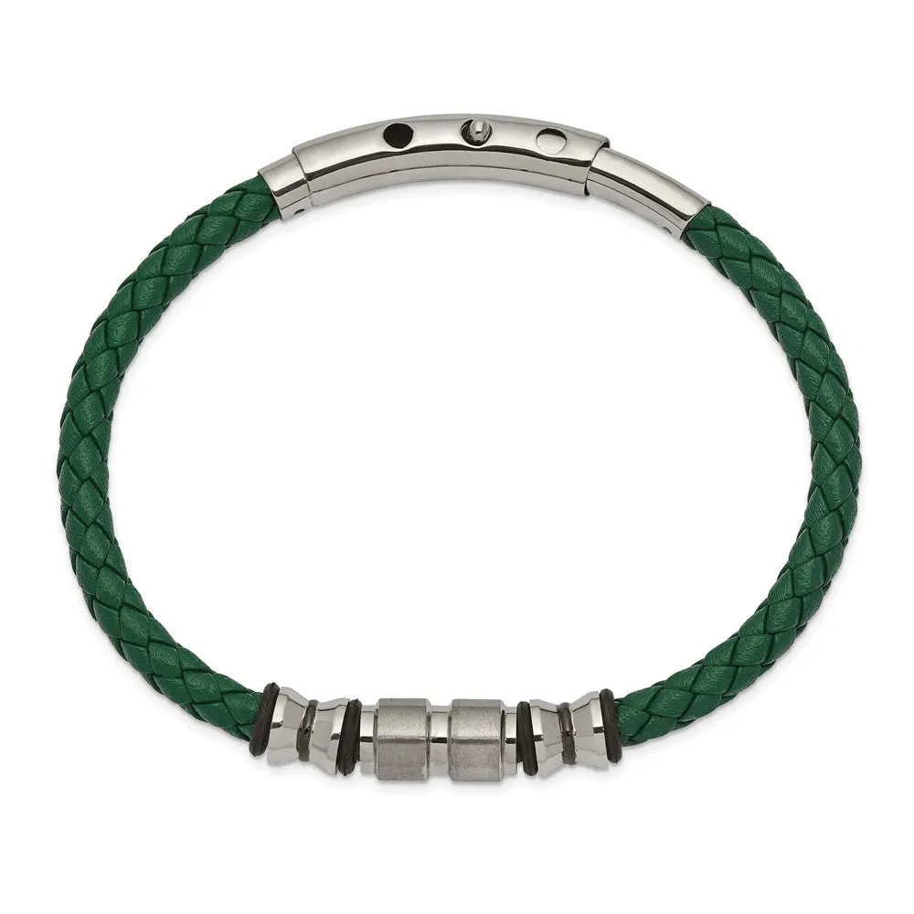 Chisel Stainless Steel Brushed and Polished Black IP-plated with Rubber Green Braided Leather Adjustable 7.75 to 8.25 inch Bracelet