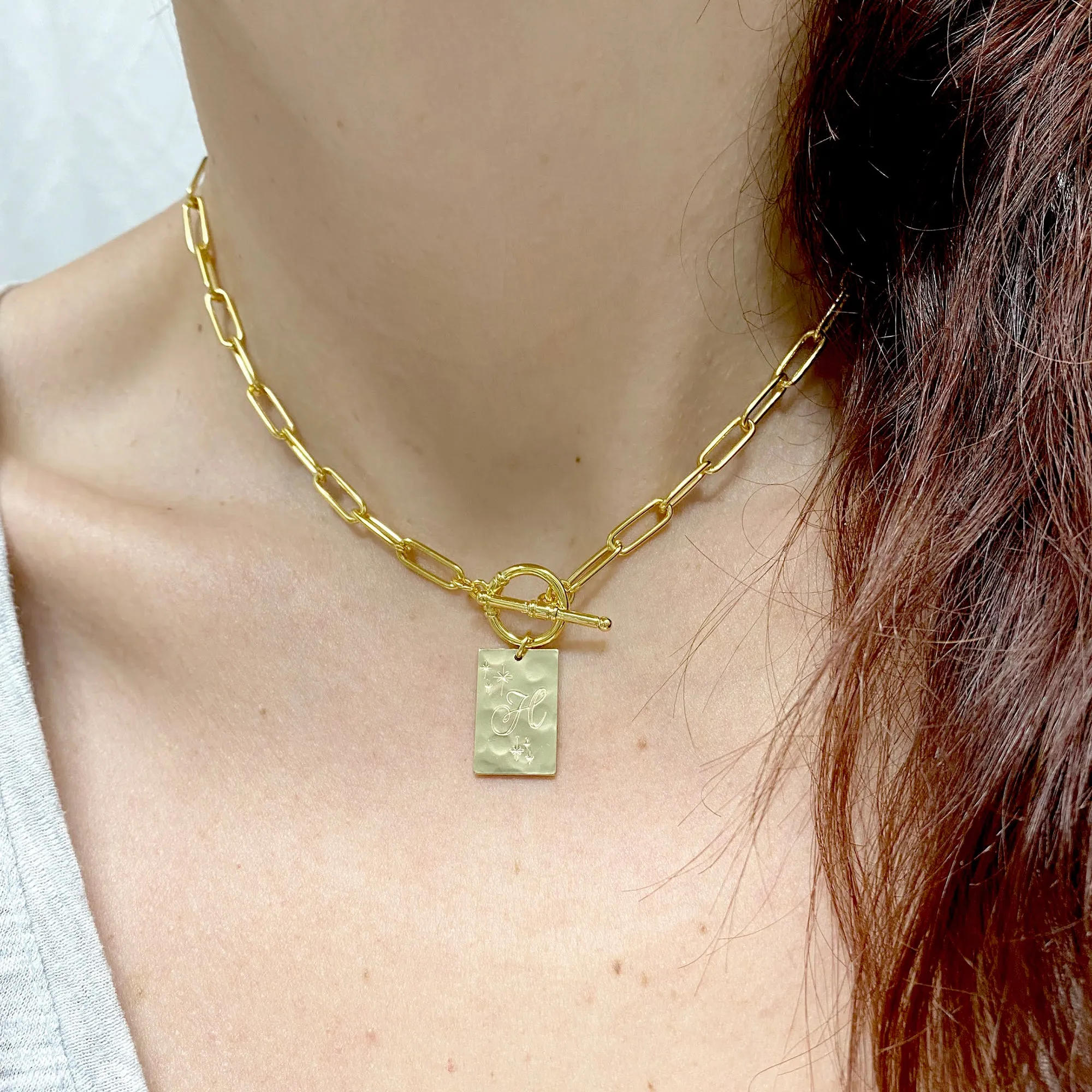 Chunky Paperclip Toggle Initial Necklace • Hammered Pendant