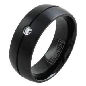 Classic Black Titanium Ring with a 0.03 Carat CZ  Bezel Set into a Channeled Band.