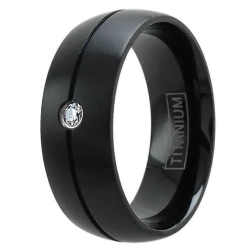 Classic Black Titanium Ring with a 0.03 Carat CZ  Bezel Set into a Channeled Band.