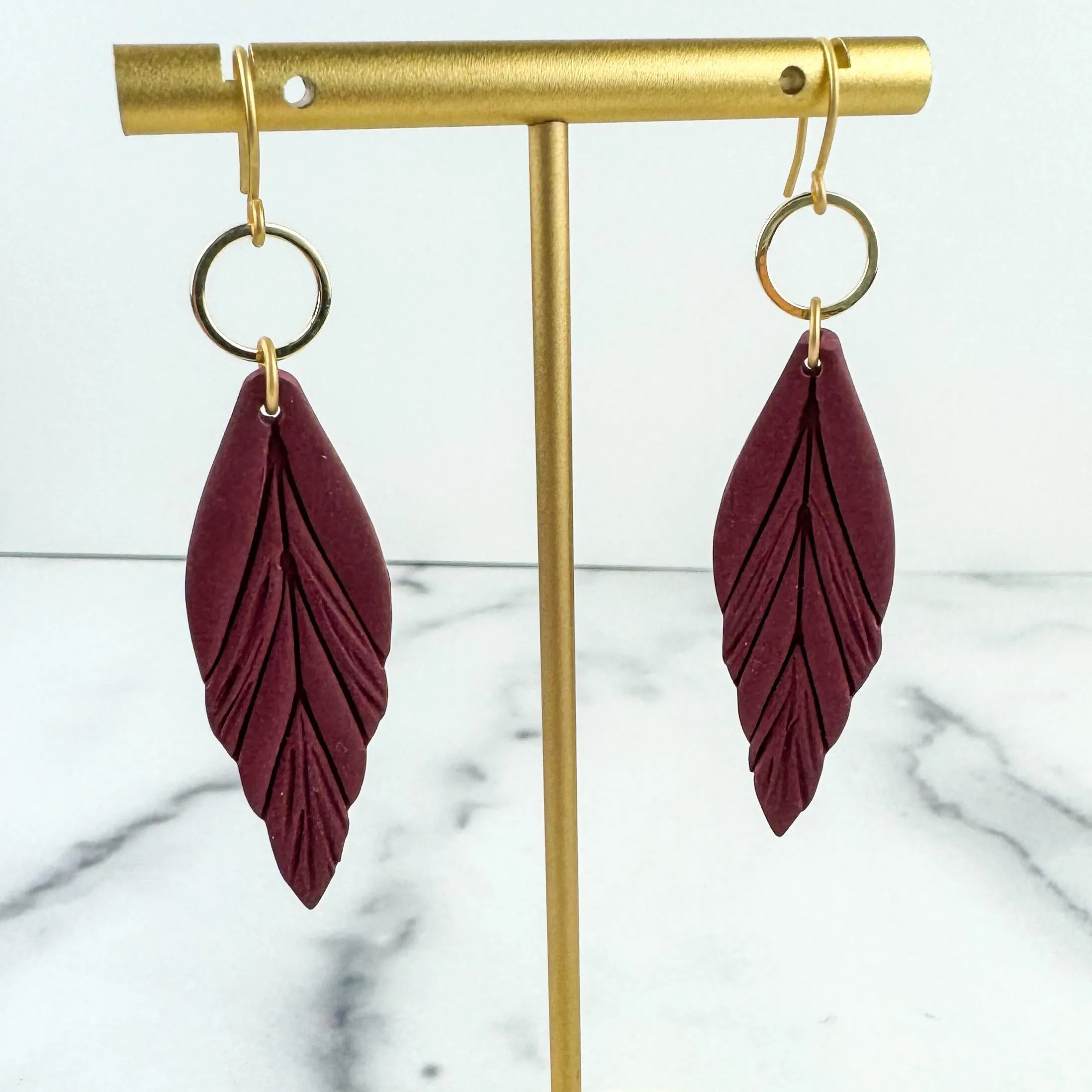 Cranberry Red Clay Feather Earrings