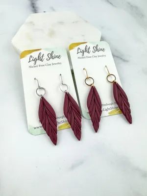 Cranberry Red Clay Feather Earrings