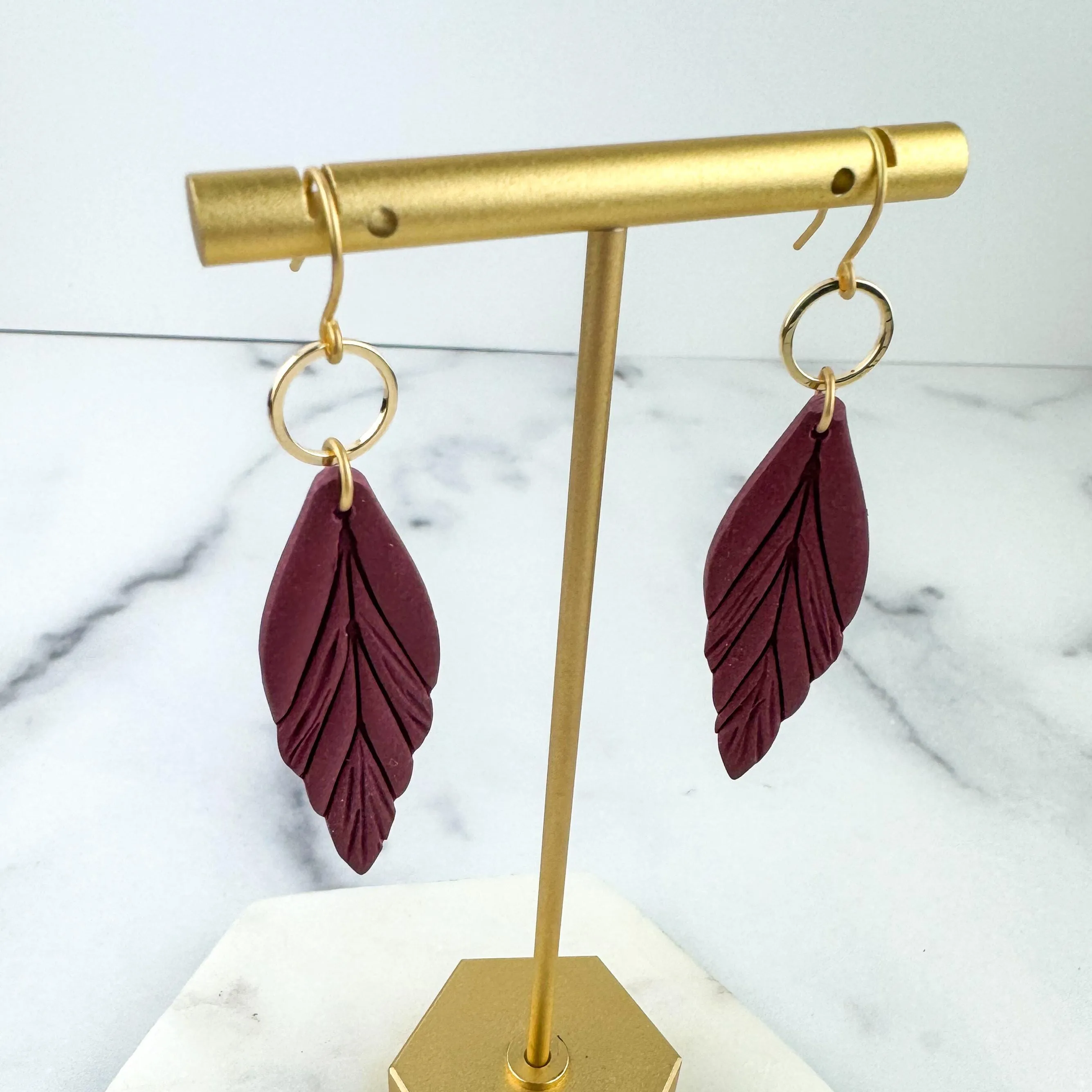 Cranberry Red Clay Feather Earrings