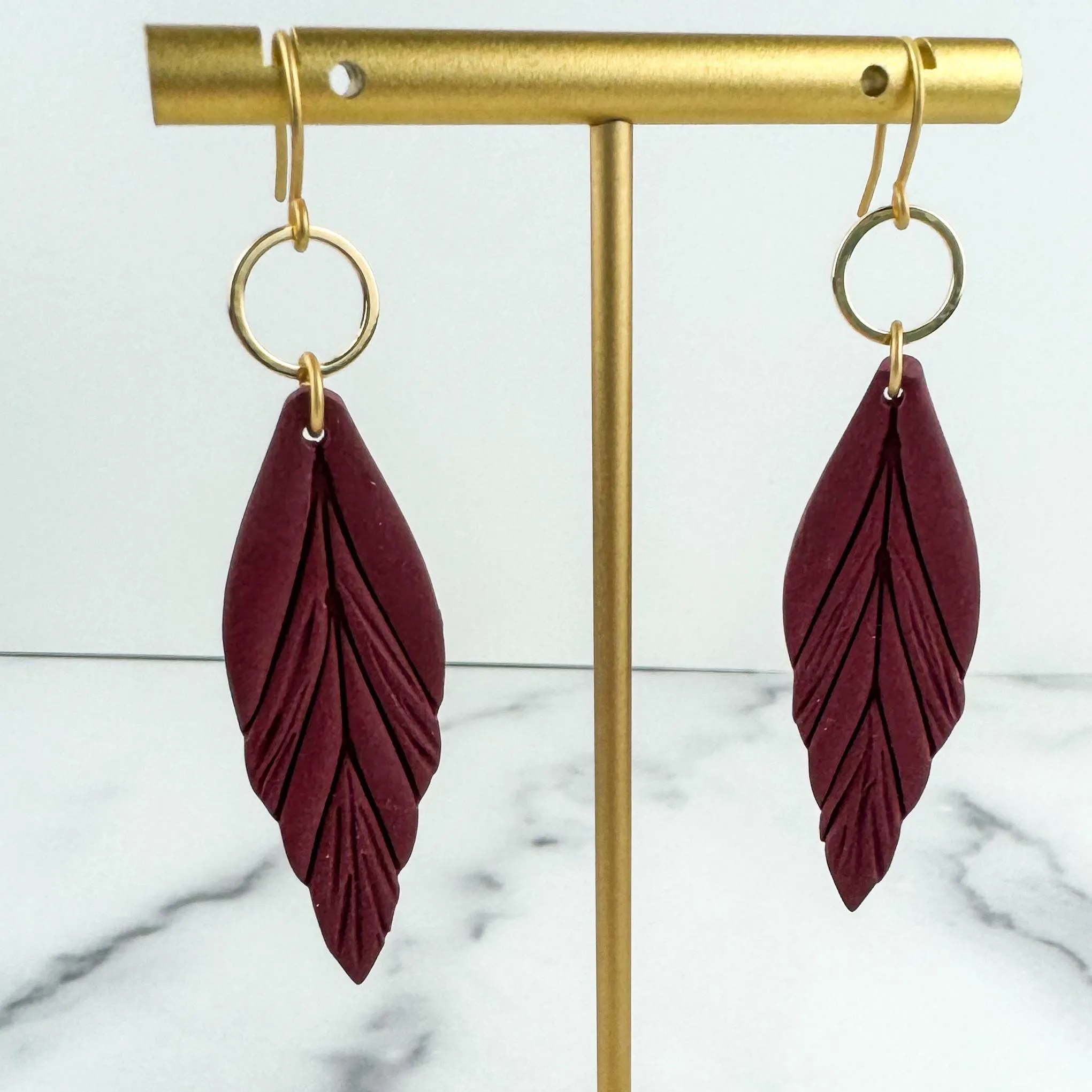 Cranberry Red Clay Feather Earrings