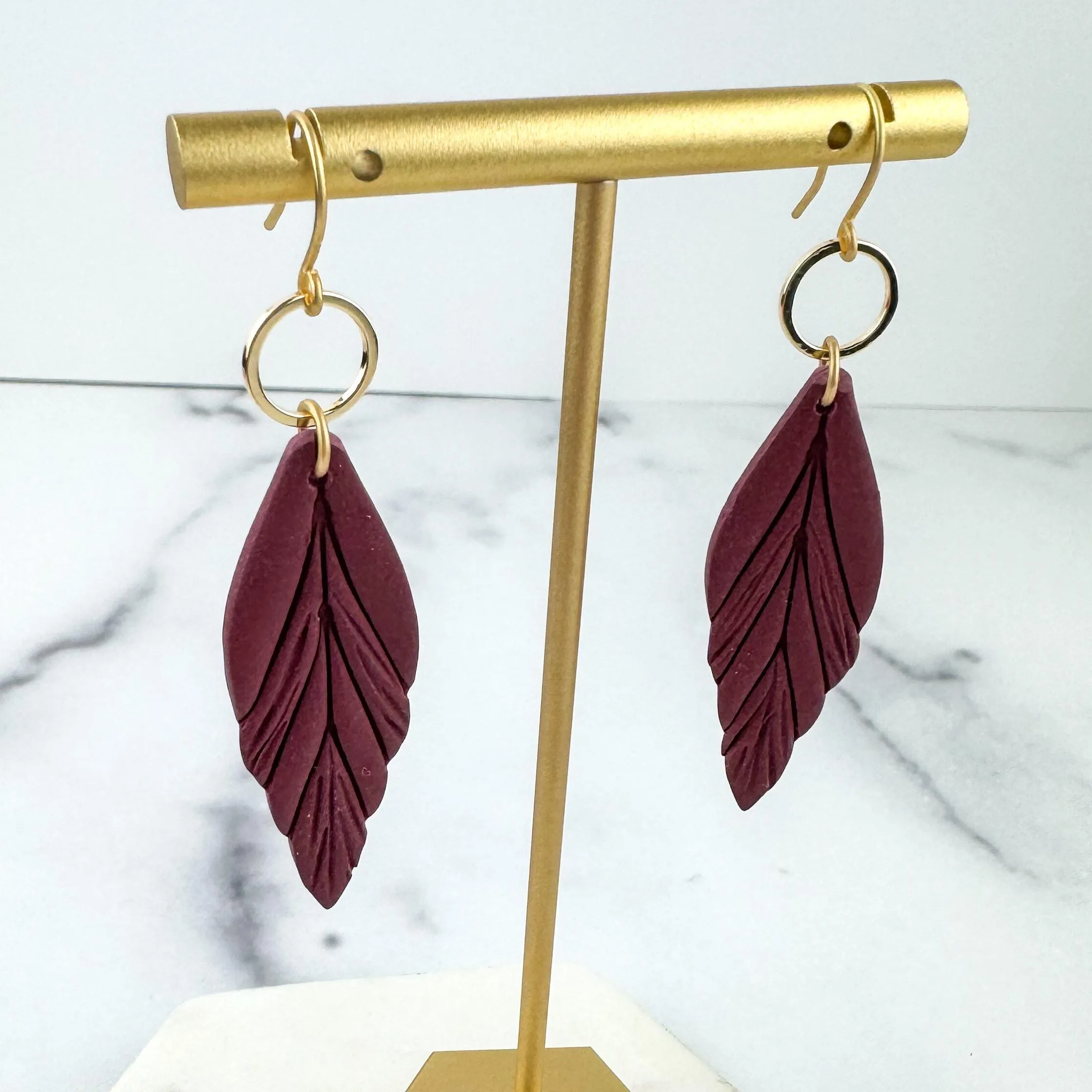 Cranberry Red Clay Feather Earrings