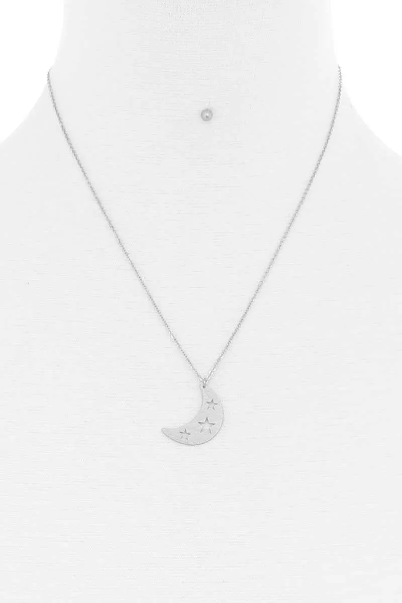Crescent Moon And Star Pendant Necklace And Earring Set