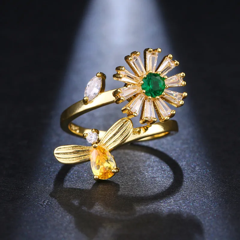 Crystal & Cubic Zirconia 18K Gold-Plated Bee & Flower Adjustable Ring