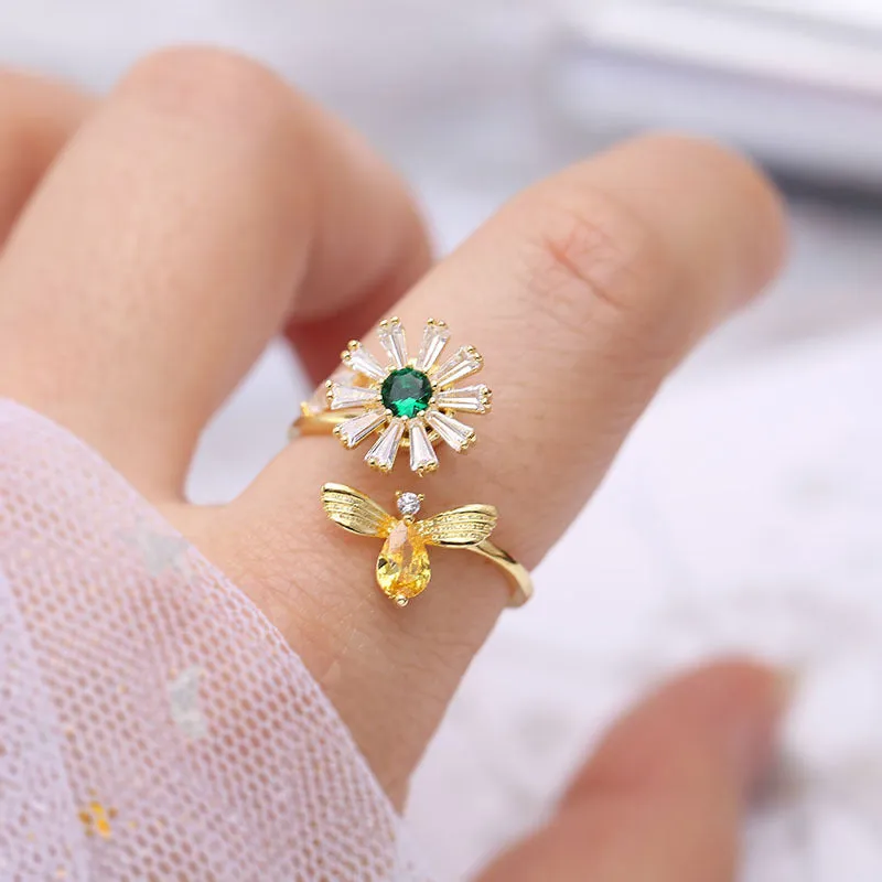 Crystal & Cubic Zirconia 18K Gold-Plated Bee & Flower Adjustable Ring