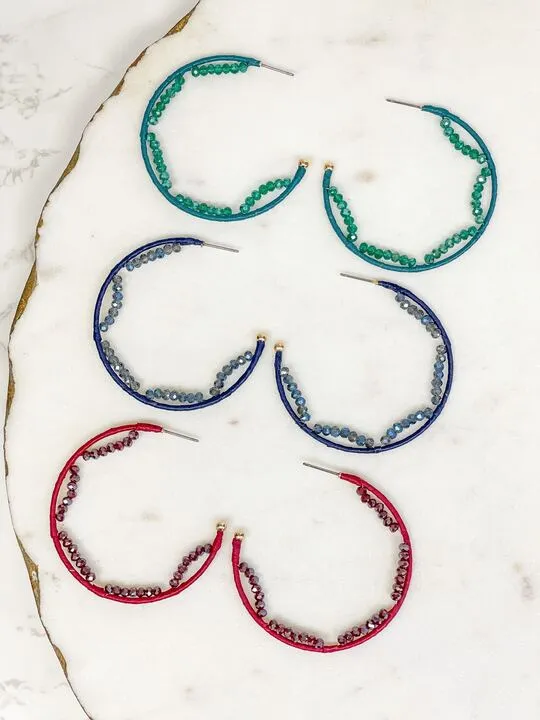 Crystal Beaded Trimmed Hoop Earrings - Navy