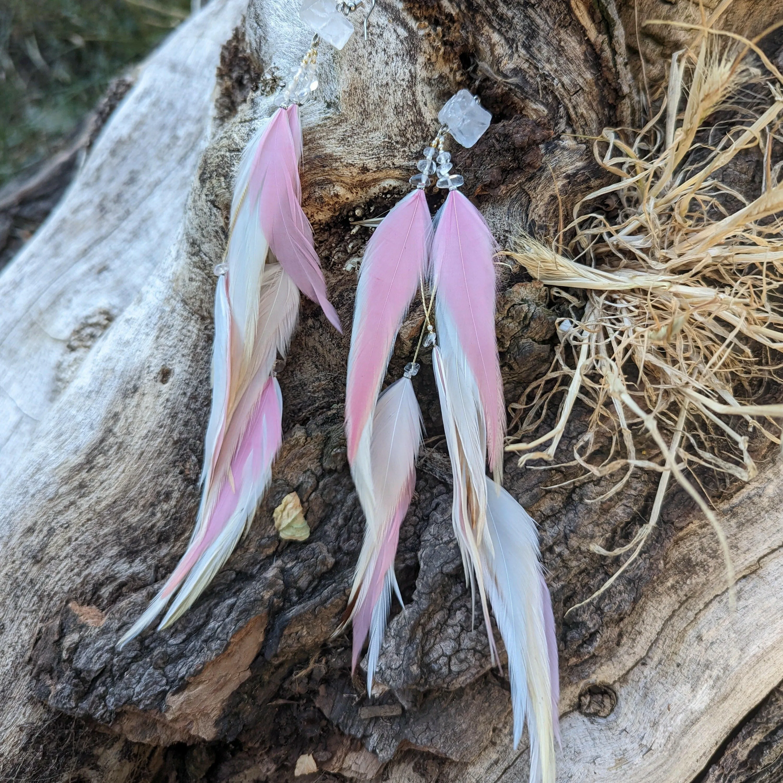 Crystal White Pink Feather Earrings