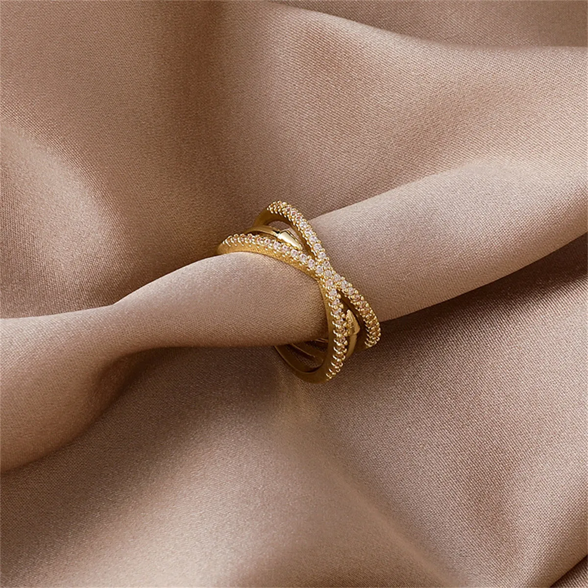 Cubic Zirconia & 18K Gold-Plated Crisscross Arrow Adjustable Band Ring