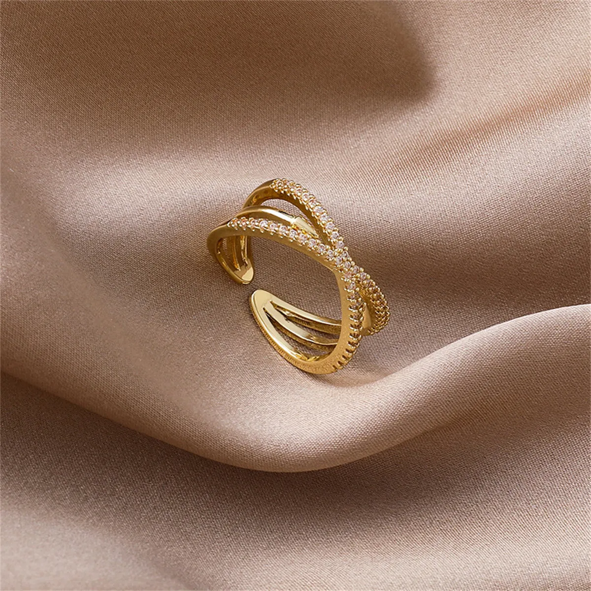 Cubic Zirconia & 18K Gold-Plated Crisscross Arrow Adjustable Band Ring