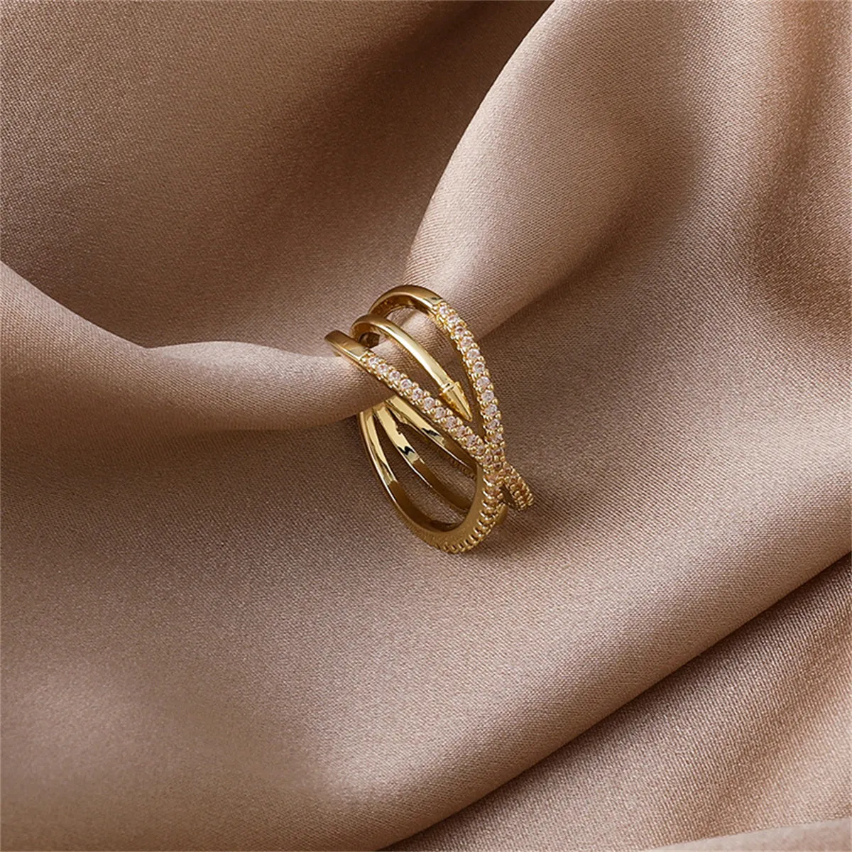 Cubic Zirconia & 18K Gold-Plated Crisscross Arrow Adjustable Band Ring