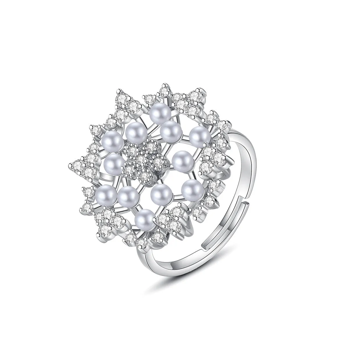 Cubic Zirconia & Pearl Silver-Plated Flower Adjustable Ring