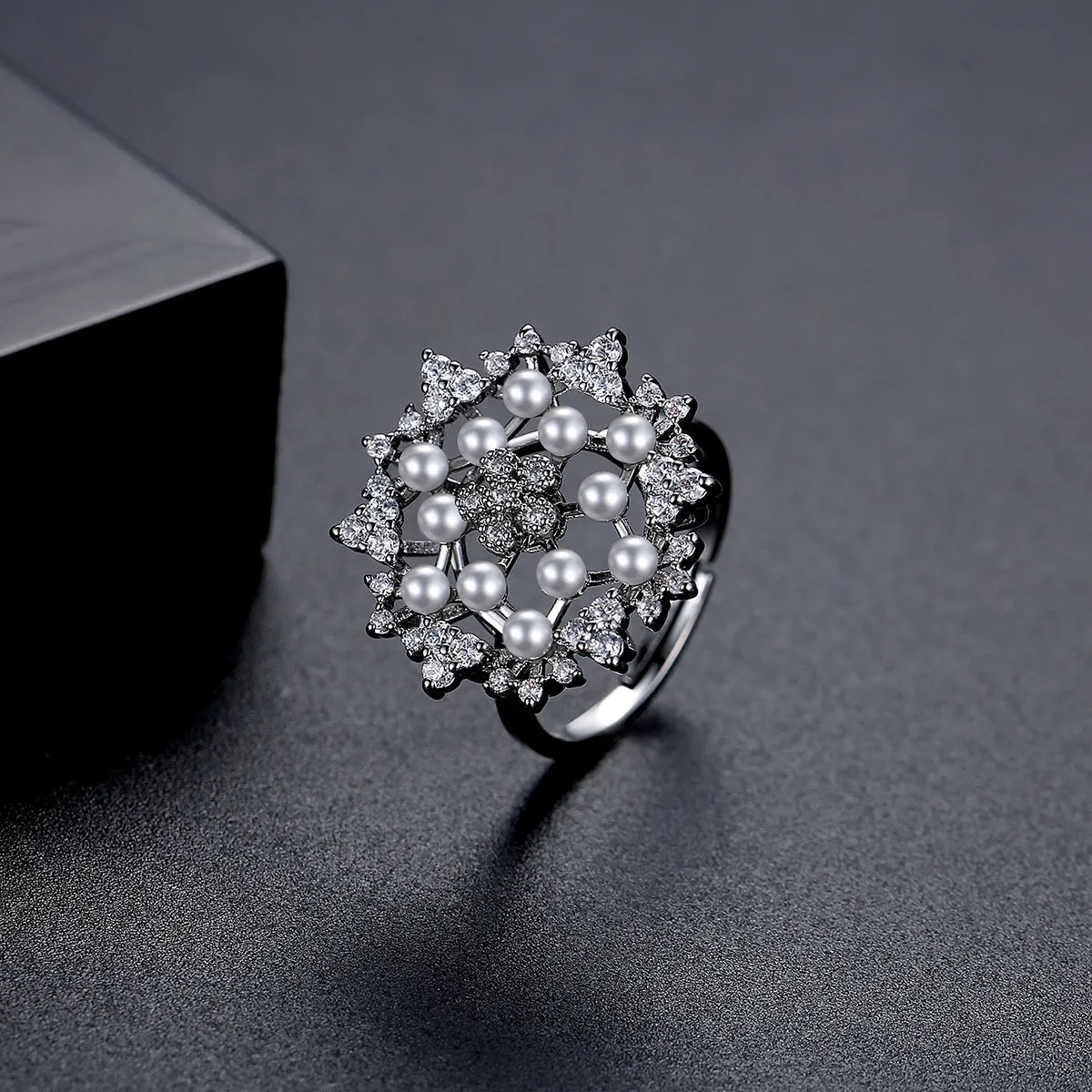 Cubic Zirconia & Pearl Silver-Plated Flower Adjustable Ring